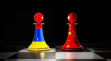 Ermenistan ve Çin ilişkileri, ulusal bayraklı satranç piyonları - 3 boyutlu illüstrasyon