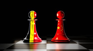 Belçika ve Çin ilişkileri, ulusal bayraklı satranç piyonları - 3 boyutlu illüstrasyon