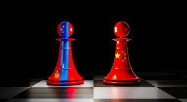 Moğolistan ve Çin ilişkileri, ulusal bayraklı satranç piyonları - 3 boyutlu illüstrasyon