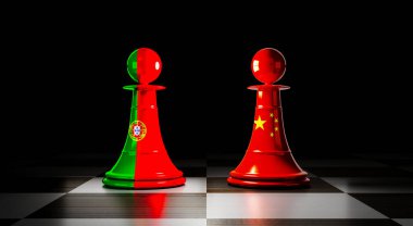 Portekiz ve Çin ilişkileri, ulusal bayraklı satranç piyonları - 3 boyutlu illüstrasyon