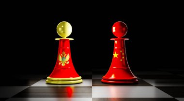 Karadağ ve Çin ilişkileri, ulusal bayraklı satranç piyonları - 3D illüstrasyon