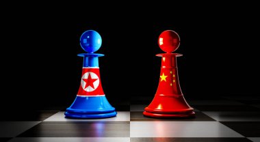 Kuzey Kore ve Çin ilişkileri, ulusal bayraklı satranç piyonları - 3 boyutlu illüstrasyon