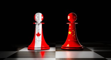 Kanada ve Çin ilişkileri, ulusal bayraklı satranç piyonları - 3D illüstrasyon