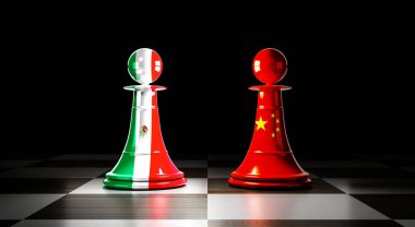 Meksika ve Çin ilişkileri, ulusal bayraklı satranç piyonları - 3 boyutlu illüstrasyon