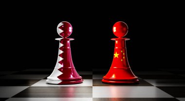 Katar ve Çin ilişkileri, ulusal bayraklı satranç piyonları - 3D illüstrasyon