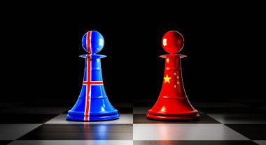 İzlanda ve Çin ilişkileri, ulusal bayraklı satranç piyonları - 3 boyutlu illüstrasyon