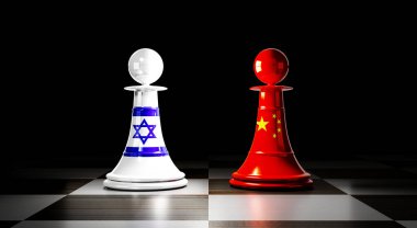 İsrail ve Çin ilişkileri, ulusal bayraklı satranç piyonları - 3 boyutlu illüstrasyon