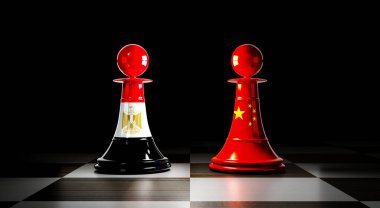 Mısır ve Çin ilişkileri, ulusal bayraklı satranç piyonları - 3 boyutlu illüstrasyon