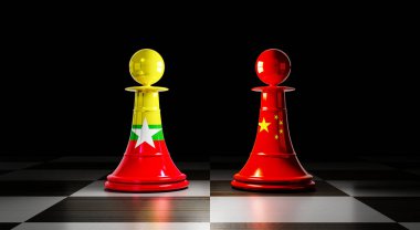 Myanmar ve Çin ilişkileri, ulusal bayraklı satranç piyonları - 3 boyutlu illüstrasyon