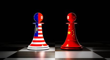 Malezya ve Çin ilişkileri, ulusal bayraklı satranç piyonları - 3D illüstrasyon