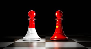 Endonezya ve Çin ilişkileri, ulusal bayraklı satranç piyonları - 3 boyutlu illüstrasyon