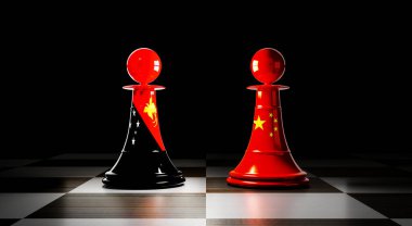 Papua Yeni Gine ve Çin ilişkileri, ulusal bayraklı satranç piyonları - 3D illüstrasyon