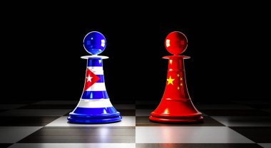 Küba ve Çin ilişkileri, ulusal bayraklı satranç piyonları - 3 boyutlu illüstrasyon