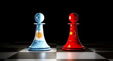 Arjantin ve Çin ilişkileri, ulusal bayraklı satranç piyonları - 3 boyutlu illüstrasyon