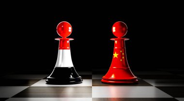 Yemen ve Çin ilişkileri, ulusal bayraklı satranç piyonları - 3 boyutlu illüstrasyon