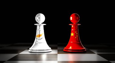 Kıbrıs ve Çin ilişkileri, ulusal bayraklı satranç piyonları - 3D illüstrasyon