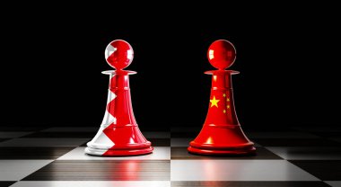 Bahreyn ve Çin ilişkileri, ulusal bayraklı satranç piyonları - 3 boyutlu illüstrasyon