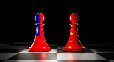 Tayvan ve Çin ilişkileri, ulusal bayraklı satranç piyonları - 3 boyutlu illüstrasyon