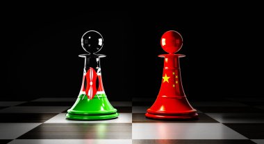 Kenya ve Çin ilişkileri, ulusal bayraklı satranç piyonları - 3 boyutlu illüstrasyon