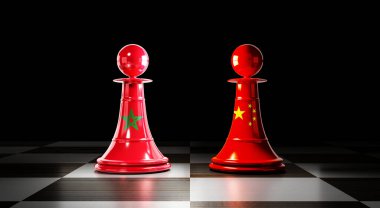 Fas ve Çin ilişkileri, ulusal bayraklı satranç piyonları - 3 boyutlu illüstrasyon