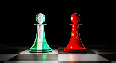 Nijerya ve Çin ilişkileri, ulusal bayraklı satranç piyonları - 3 boyutlu illüstrasyon