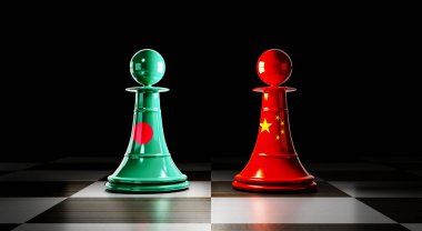 Bangladeş ve Çin ilişkileri, ulusal bayraklı satranç piyonları - 3 boyutlu illüstrasyon