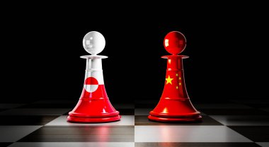 Grönland ve Çin ilişkileri, ulusal bayraklı satranç piyonları - 3D illüstrasyon