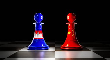 Kamboçya ve Çin ilişkileri, ulusal bayraklı satranç piyonları - 3 boyutlu illüstrasyon