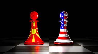 Kuzey Makedonya ve ABD ilişkileri, ulusal bayraklı satranç piyonları - 3D illüstrasyon