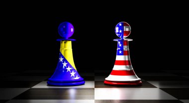 Bosna-Hersek ve ABD ilişkileri, ulusal bayraklı satranç piyonları - 3D illüstrasyon