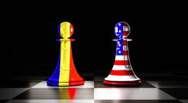 Romanya ve ABD ilişkileri, ulusal bayraklı satranç piyonları - 3D illüstrasyon