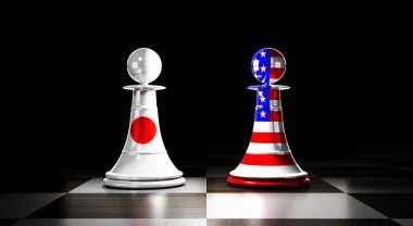 Japonya ve ABD ilişkileri, ulusal bayraklı satranç piyonları - 3D illüstrasyon