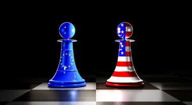 Avrupa Birliği ve ABD ilişkileri, ulusal bayraklı satranç piyonları - 3D illüstrasyon