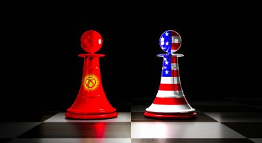 Kırgızistan ve ABD ilişkileri, ulusal bayraklı satranç piyonları - 3 boyutlu illüstrasyon