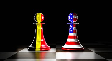 Belçika ve ABD ilişkileri, ulusal bayraklı satranç piyonları - 3D illüstrasyon