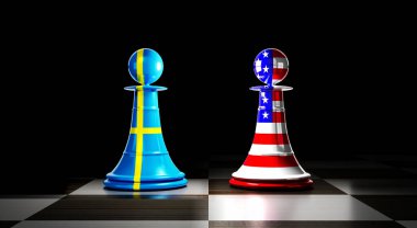 İsveç ve ABD ilişkileri, ulusal bayraklı satranç piyonları - 3D illüstrasyon