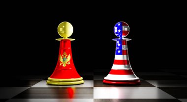 Karadağ ve ABD ilişkileri, ulusal bayraklı satranç piyonları - 3D illüstrasyon