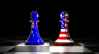 Avustralya ve ABD ilişkileri, ulusal bayraklı satranç piyonları - 3D illüstrasyon