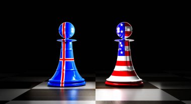 İzlanda ve ABD ilişkileri, ulusal bayraklı satranç piyonları - 3D illüstrasyon