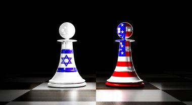 İsrail ve ABD ilişkileri, ulusal bayraklı satranç piyonları - 3D illüstrasyon