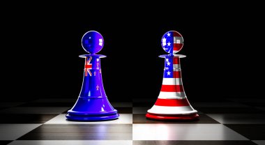 Yeni Zelanda ve ABD ilişkileri, ulusal bayraklı satranç piyonları - 3 boyutlu illüstrasyon