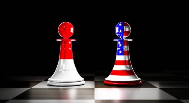 Endonezya ve ABD ilişkileri, ulusal bayraklı satranç piyonları - 3D illüstrasyon