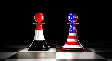 Yemen ve ABD ilişkileri, ulusal bayraklı satranç piyonları - 3 boyutlu illüstrasyon