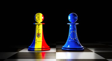 Moldova ve Avrupa Birliği ilişkileri, bayraklı satranç piyonları - 3D illüstrasyon