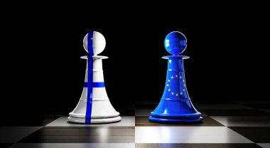 Finlandiya ve Avrupa Birliği ilişkileri, bayraklı satranç piyonları - 3D illüstrasyon