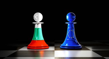 Bulgaristan ve Avrupa Birliği ilişkileri, bayraklı satranç piyonları - 3D illüstrasyon