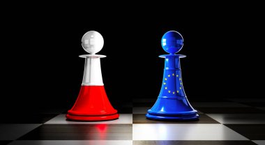 Polonya ve Avrupa Birliği ilişkileri, bayraklı satranç piyonları - 3D illüstrasyon