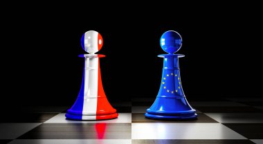 Fransa ve Avrupa Birliği ilişkileri, bayraklı satranç piyonları - 3D illüstrasyon