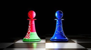 Belarus ve Avrupa Birliği ilişkileri, bayraklı satranç piyonları - 3D illüstrasyon