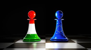 Macaristan ve Avrupa Birliği ilişkileri, bayraklı satranç piyonları - 3D illüstrasyon